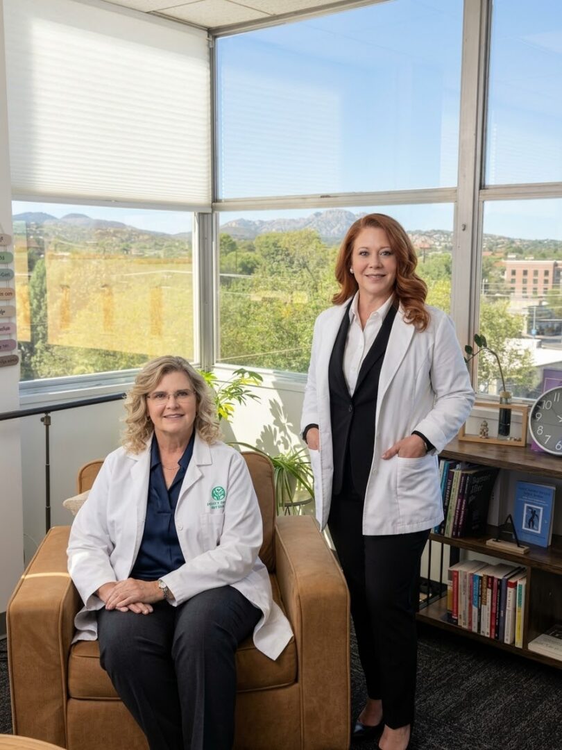 Two women in lab coats, office setting.